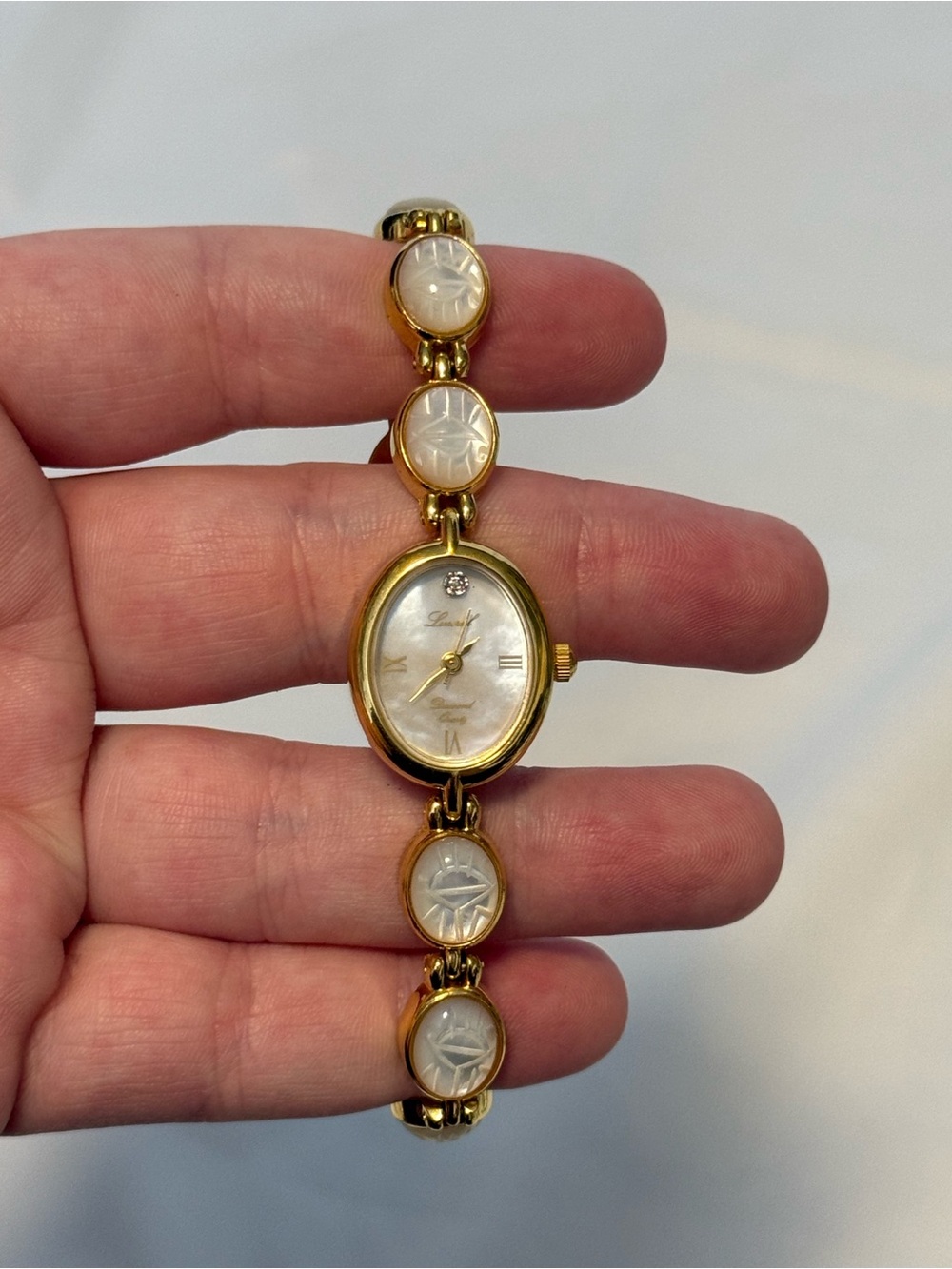 Vintage Lucoral Diamond Quartz Mother of Pearl Gold Tone Bracelet Watch